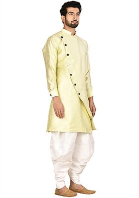 Light Pista Green Embroidered Silk Kurta Set For Men