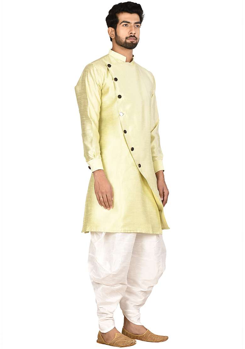 Light Pista Green Embroidered Silk Blend Kurta Set For Men - Indya