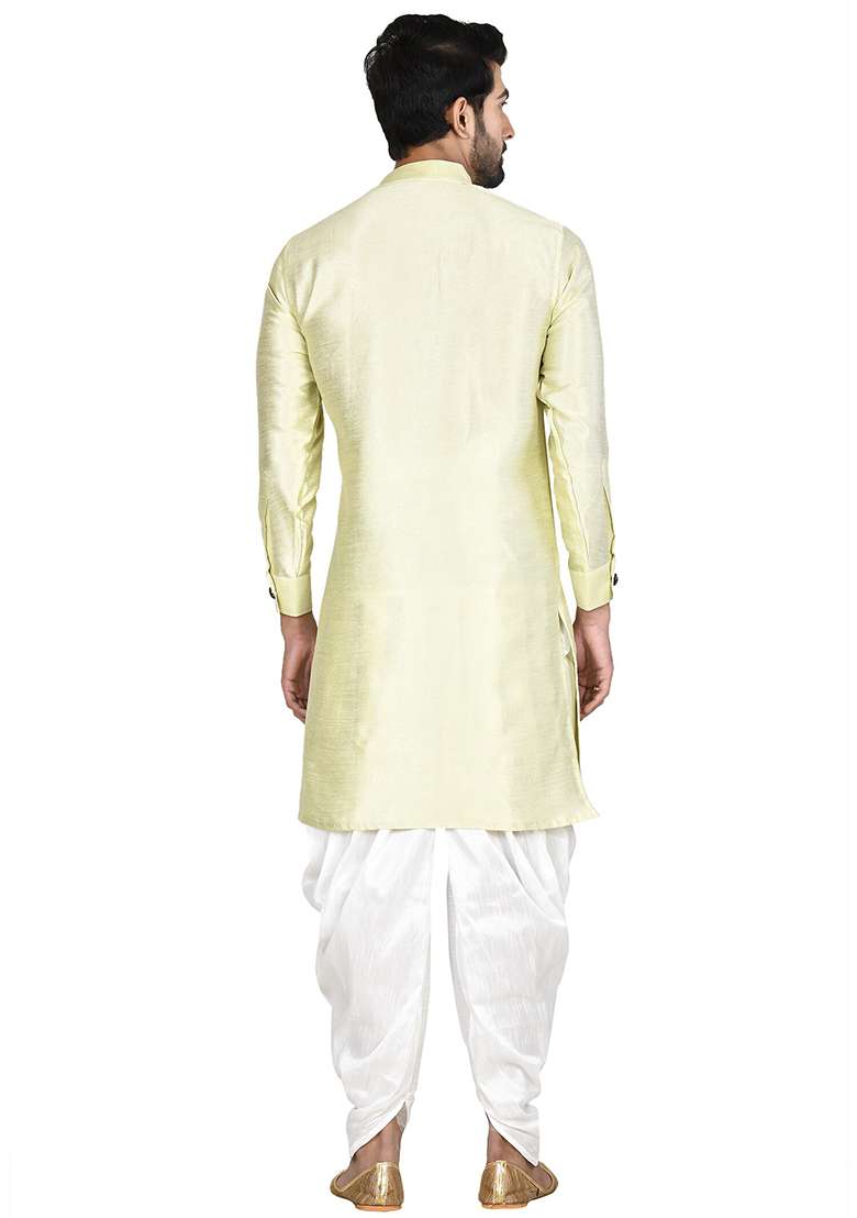 Light Pista Green Embroidered Silk Blend Kurta Set For Men - Indya