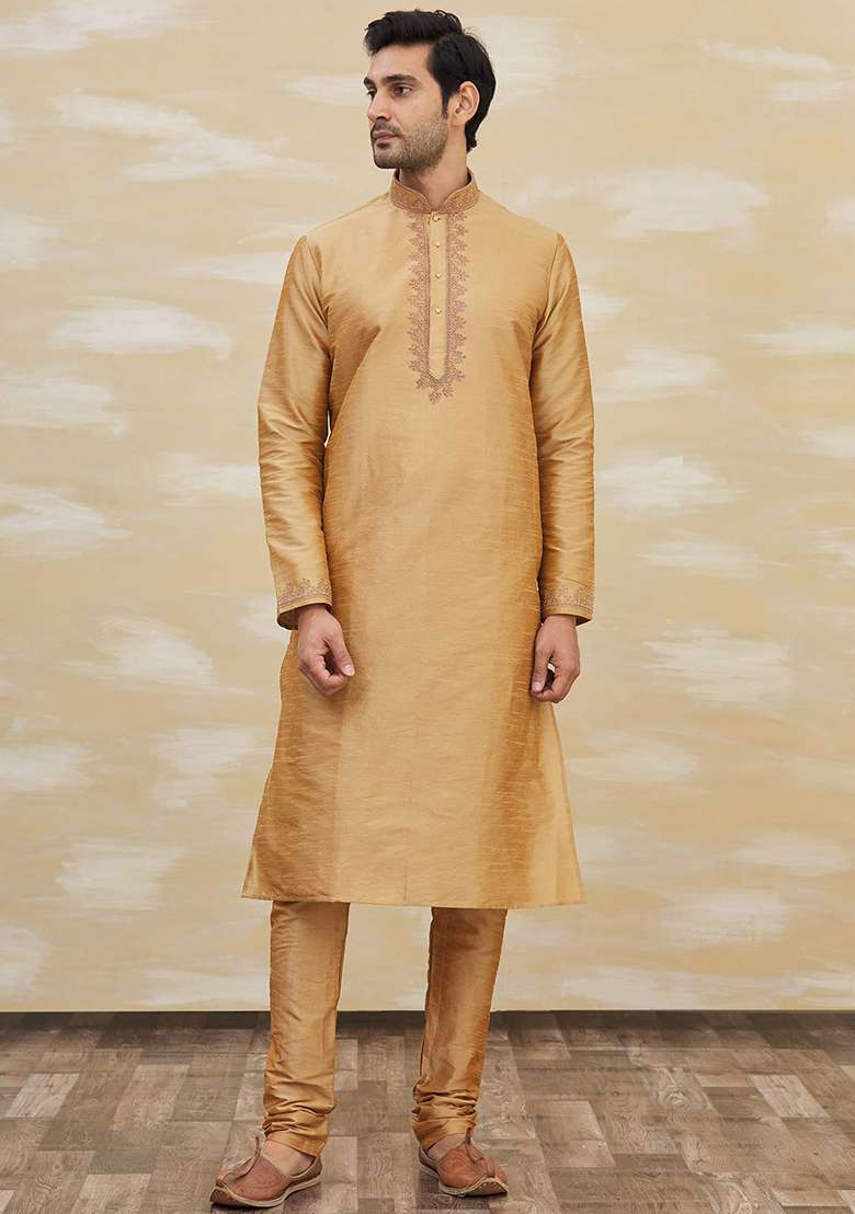 Gold Solid Silk Blend Kurta Set For Men - Indya
