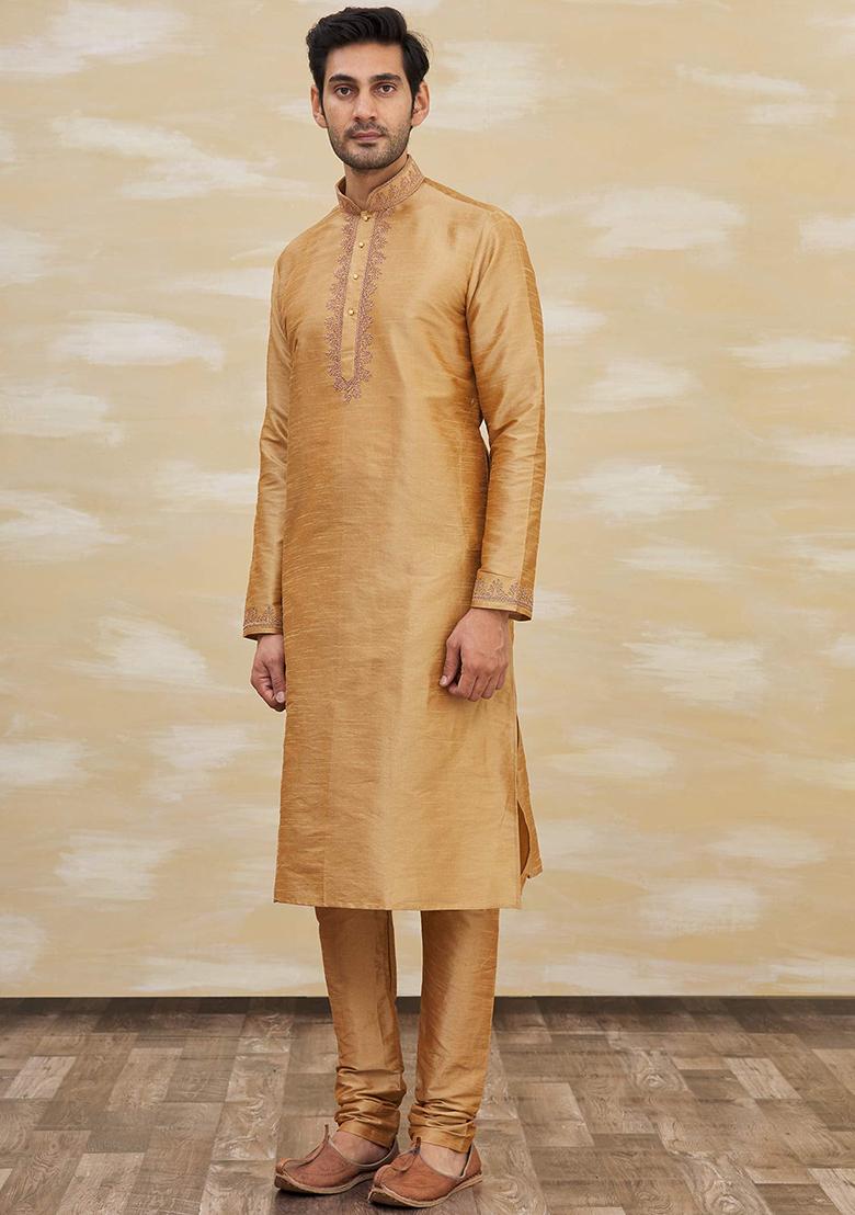 Gold Solid Silk Kurta Set For Men