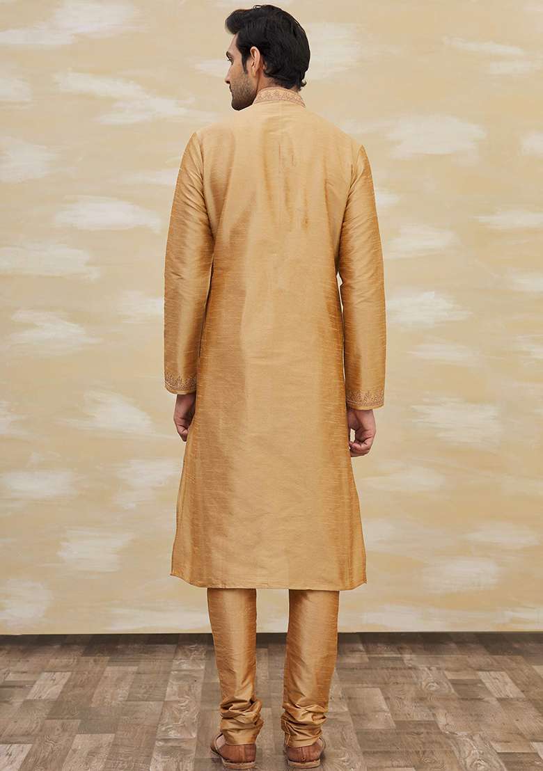 Gold Solid Silk Blend Kurta Set For Men - Indya