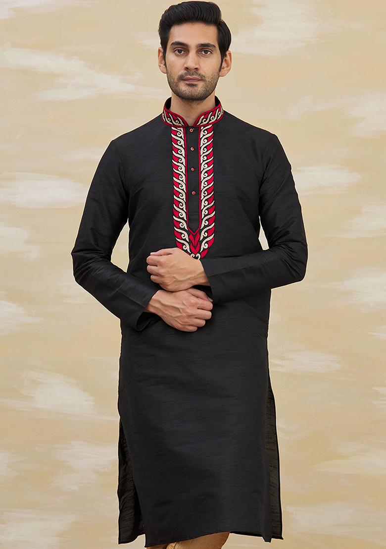 Black Solid Silk Kurta Set For Men
