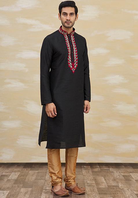 Black Solid Silk Kurta Set For Men