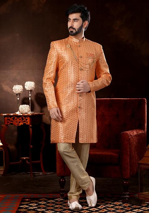Peach Thread Embroidered Cotton Sherwani Set For Men