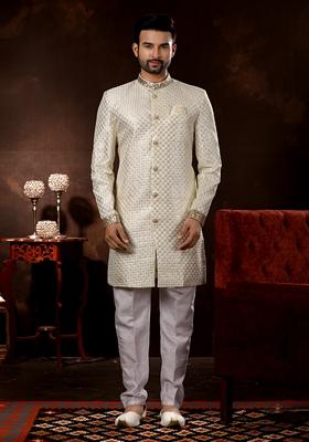 White Thread Embroidered Cotton Sherwani Set For Men