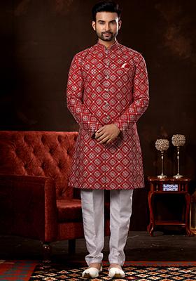 Maroon Thread Embroidered Silk Sherwani Set For Men