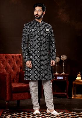 Navy Blue Thread Embroidered Silk Sherwani Set For Men