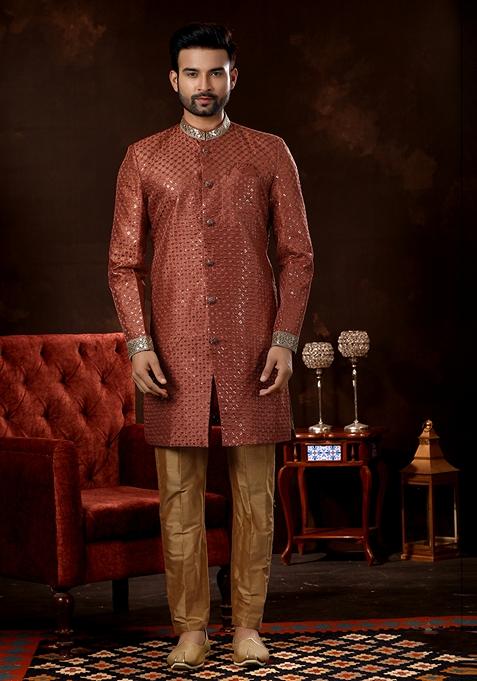 Red Thread Embroidered Cotton Sherwani Set For Men