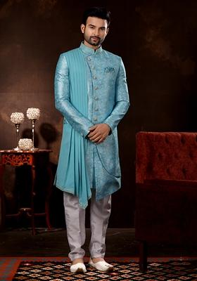 Sky Blue Thread Embroidered Jacquard Sherwani Set For Men