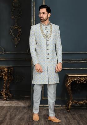 Off White Embroidered Jacquard Indo Western Sherwani Set With Mala For Men