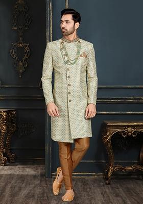 Off White Embroidered Jacquard Indo Western Sherwani Set With Mala For Men