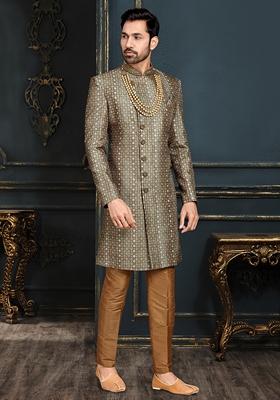 Chocolate Brown Embroidered Jacquard Indo Western Sherwani Set With Mala For Men