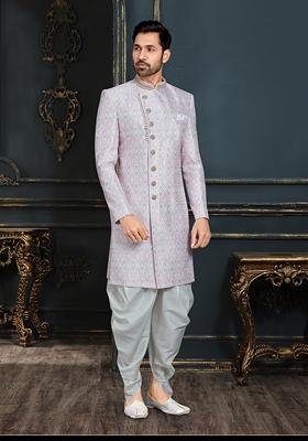 Multi Colour Embroidered Jacquard Indo Western Sherwani Set With Mala For Men