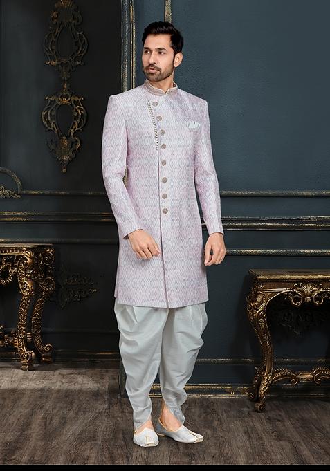 Multi Colour Embroidered Jacquard Indo Western Sherwani Set With Mala For Men