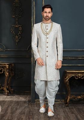 Off White Embroidered Jacquard Indo Western Sherwani Set With Mala For Men