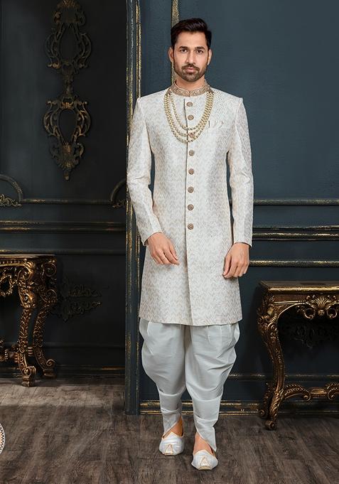 Off White Embroidered Jacquard Indo Western Sherwani Set With Mala For Men