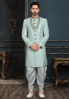 Sky Blue Embroidered Jacquard Indo Western Sherwani Set With Mala For Men