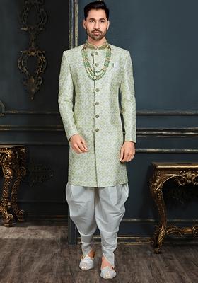 Sea Green Embroidered Jacquard Indo Western Sherwani Set With Mala For Men