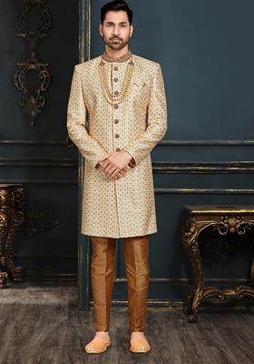 Light Orange Embroidered Jacquard Indo Western Sherwani Set With Mala For Men