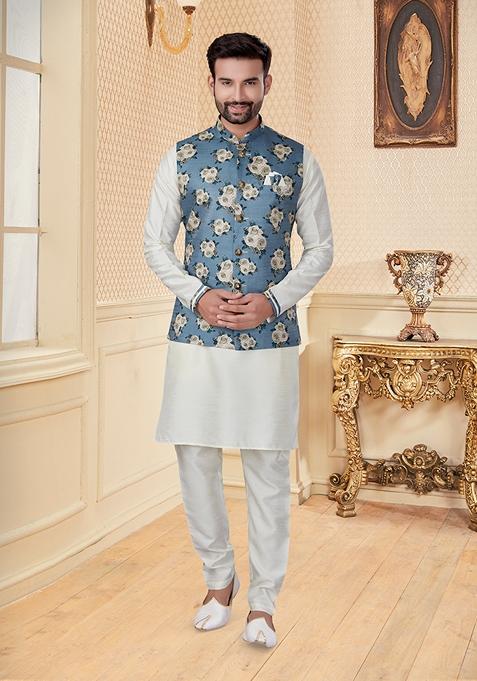 White Printed Silk Jacket Set For Men
