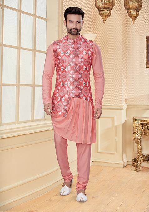 Peach Printed Silk Jacket Set For Men