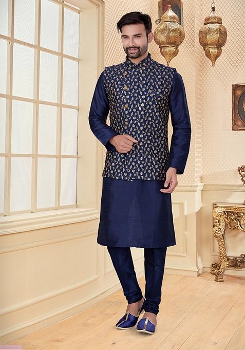 Navy Blue Printed Silk Jacket Set For Men
