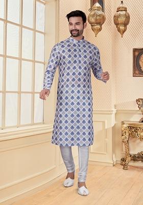 White Digital Print Silk Kurta Set For Men