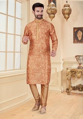 Dark Yellow Digital Print Silk Kurta Set For Men