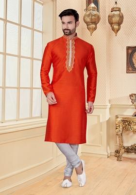 Orange Embroidered Silk Kurta Set For Men