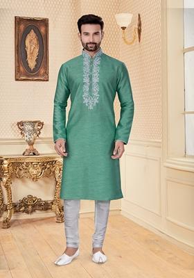 Sea Green Embroidered Silk Kurta Set For Men