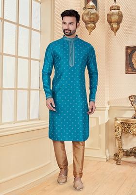 Blue Digital Print Silk Kurta Set For Men