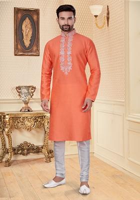 Light Orange Embroidered Silk Kurta Set For Men
