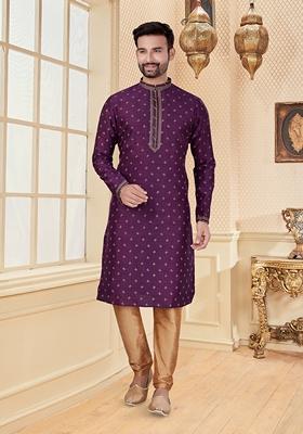 Purple Embroidered Silk Kurta Set For Men