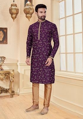 Purple Digital Print Silk Kurta Set For Men