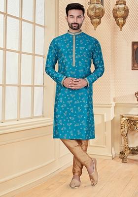 Firozi Blue Digital Print Silk Kurta Set For Men