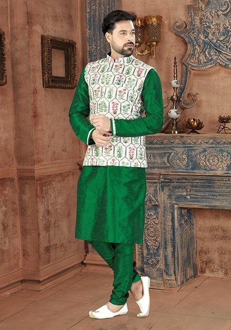 Green Embroidered Silk Jacket Set For Men