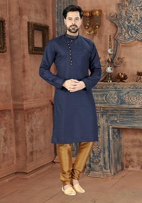 Navy Blue Embroidered Silk Kurta Set For Men