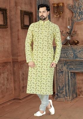 Lemon Yellow Digital Print Cotton Kurta Set For Men