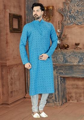 Sky Blue Digital Print Cotton Kurta Set For Men