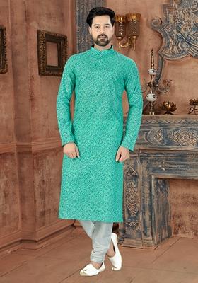 Sea Green Digital Print Cotton Kurta Set For Men