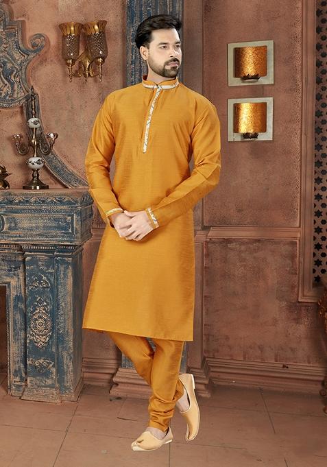 Yellow Embroidered Silk Kurta Set For Men