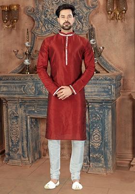 Maroon Embroidered Art Silk Kurta Set For Men