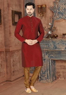 Maroon Digital Print Silk Kurta Set For Men