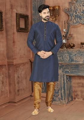 Navy Blue Digital Print Silk Kurta Set For Men