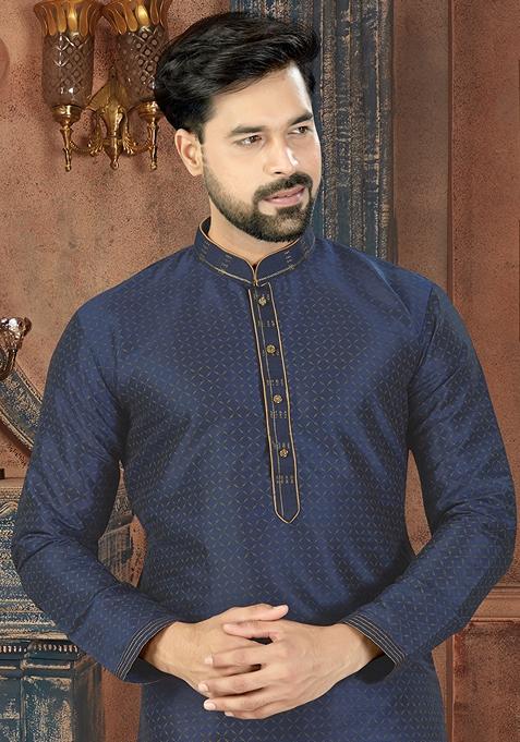 Ethnic Bay Men Navy Blue Silk Blend Solid Embroidered Straight Kurta and Trouser-MKSET1334 main image 1