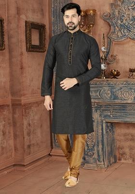 Black Digital Print Silk Kurta Set For Men