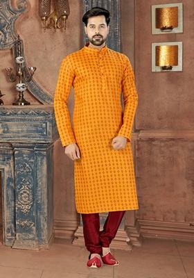 Yellow Digital Print Cotton Kurta Set For Men