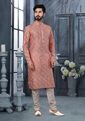 Light Pink Printed Art Silk Kurta Set For Men