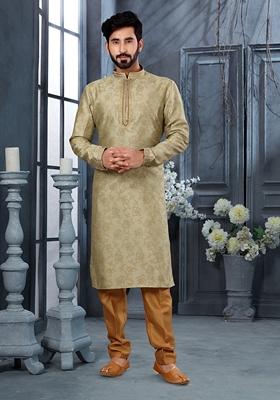Mehendi Green Printed Silk Kurta Set For Men